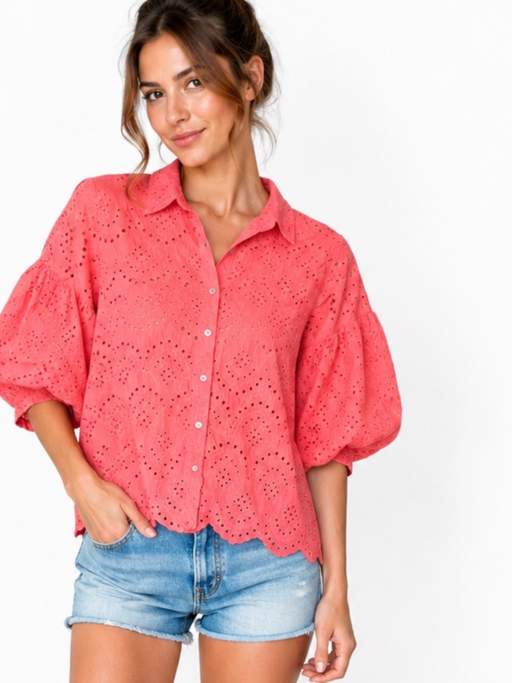 6D6.From 🇮🇹 Italy Eyelet Puff-Sleeve Button-Down Top in Coral cotton new